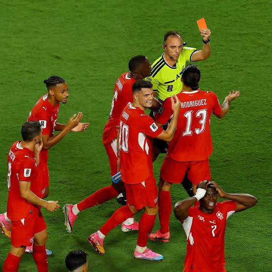 Breel Embolo reacts after receiving a red card during Argentina vs Switzerland at the FIFA World Cup 2026