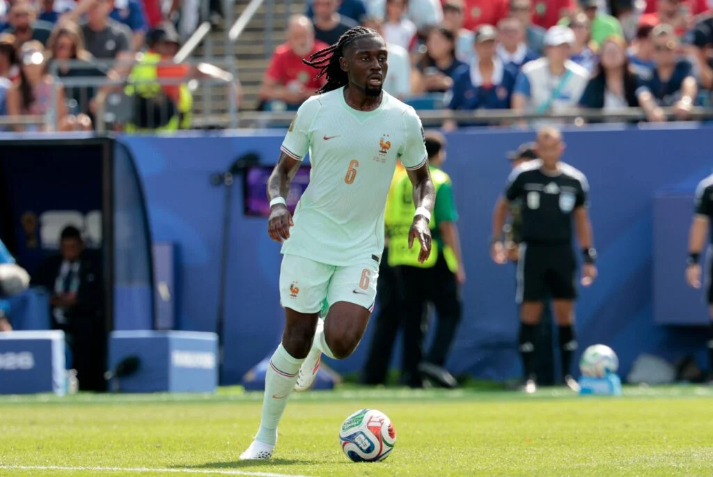 Manu Koné celebrating with France teammates during the FIFA World Cup 2026