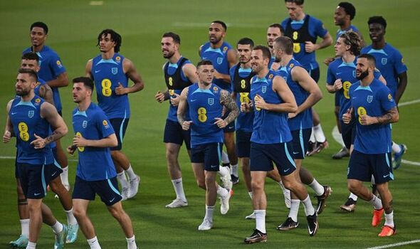 England players celebrating together during a World Cup training session