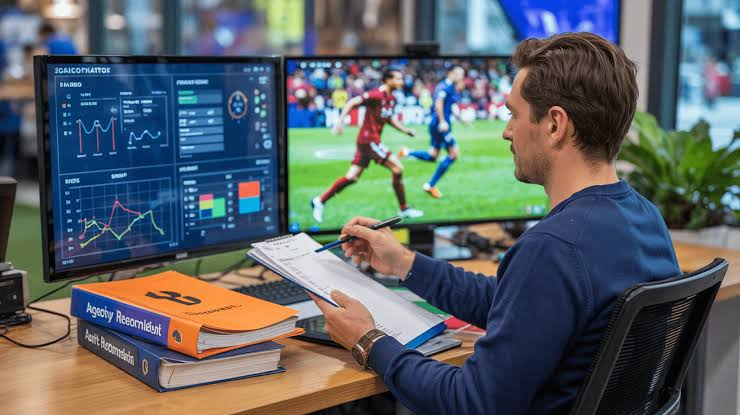 Football scout analyzing player statistics on a computer during a live match