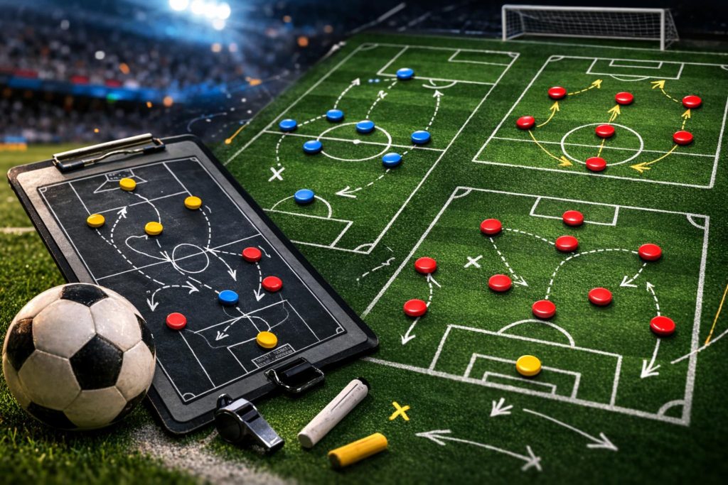 Tactical graphics overlaid on a football pitch during video editing.